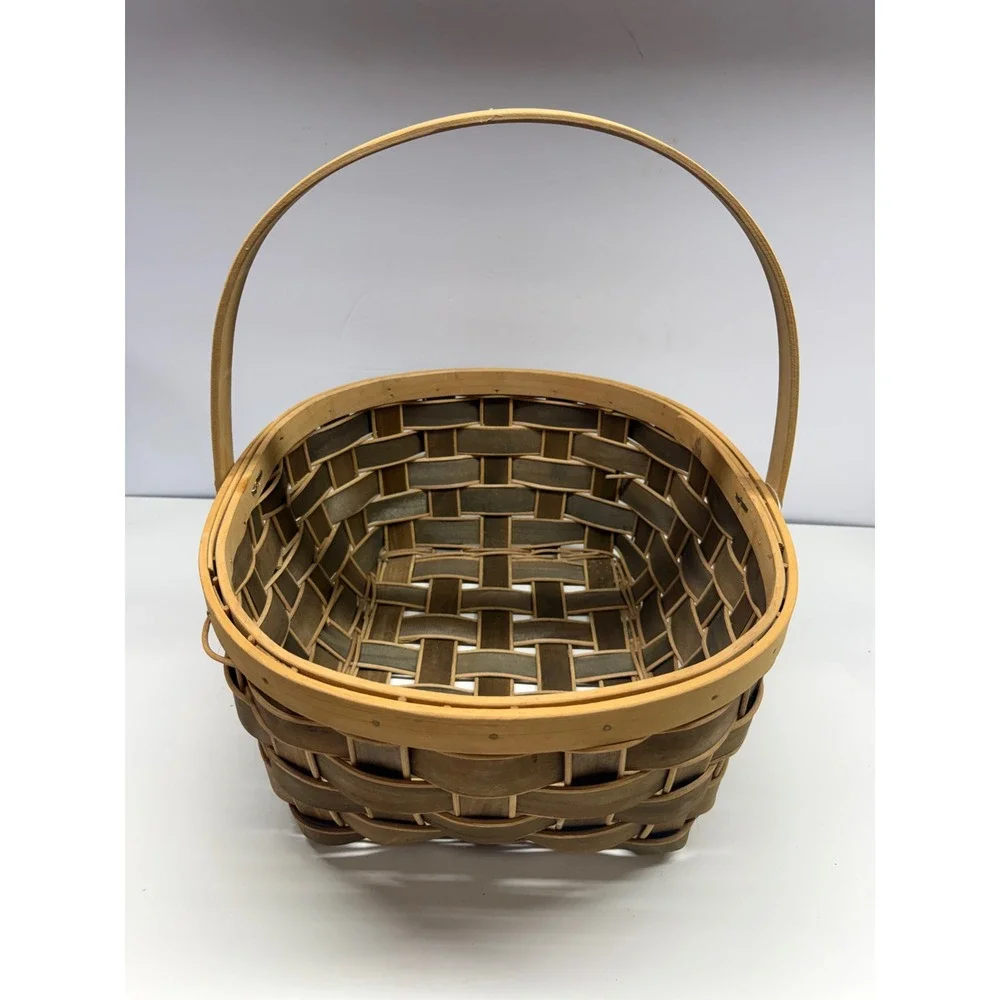 Hand Woven Wood Splint Basket with Handle Two Tone Brown Farmhouse Decor 13.5in